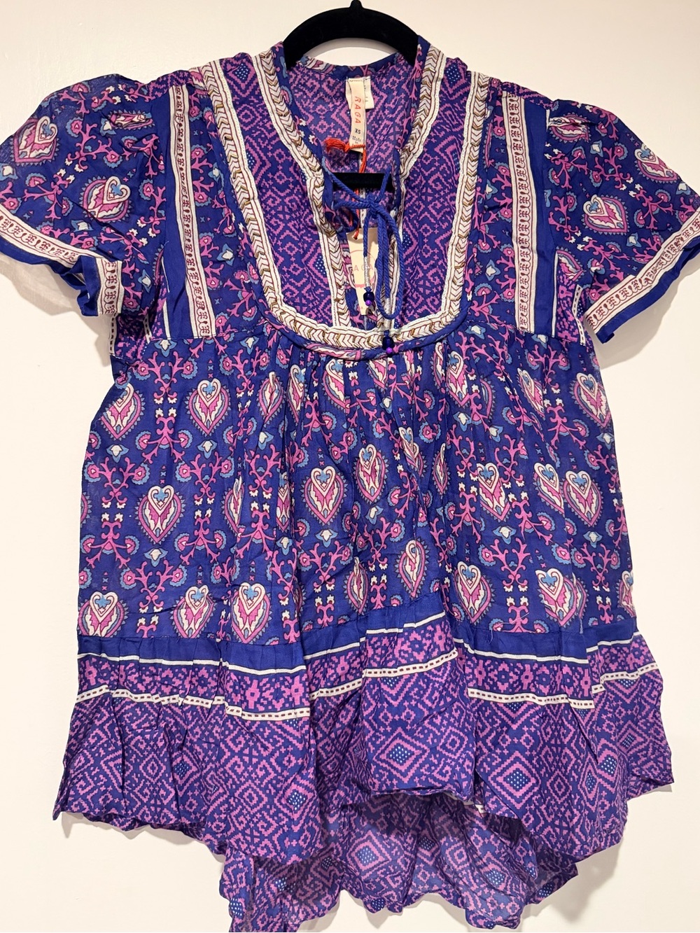 NWT Raga Boho Purple Peasant Top with Beaded Neckline Size XS